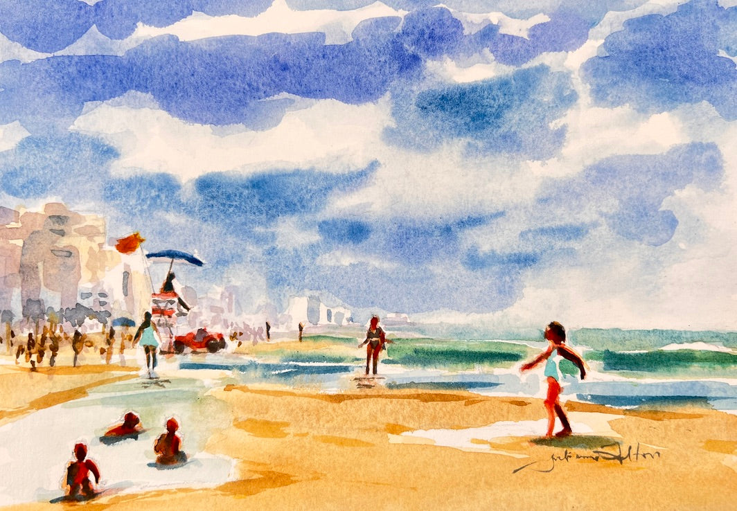 Florida Summer Beach Scene Watercolor Florida Summer Beach Scene Watercolor Painting – Original Coastal Ocean Art 7x10