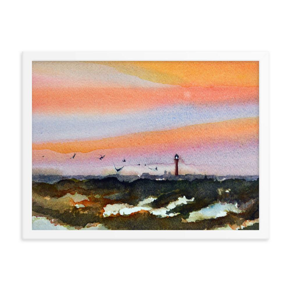 Lighthouse from Smyrna Dunes park watercolor print framed poster - Julianne Felton