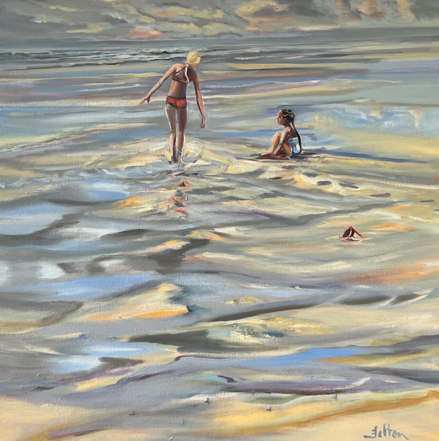 Two Girls on the Beach - Original Florida Coastal Oil Painting 36" x 36"