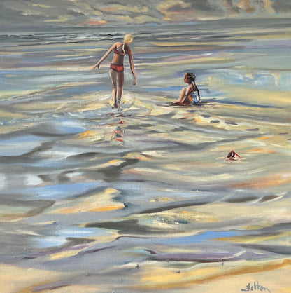 Two Girls on the Beach - Original Florida Coastal Oil Painting 36" x 36"
