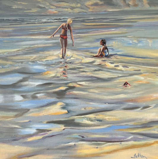 Two Girls on the Beach - Original Florida Coastal Oil Painting 36" x 36"