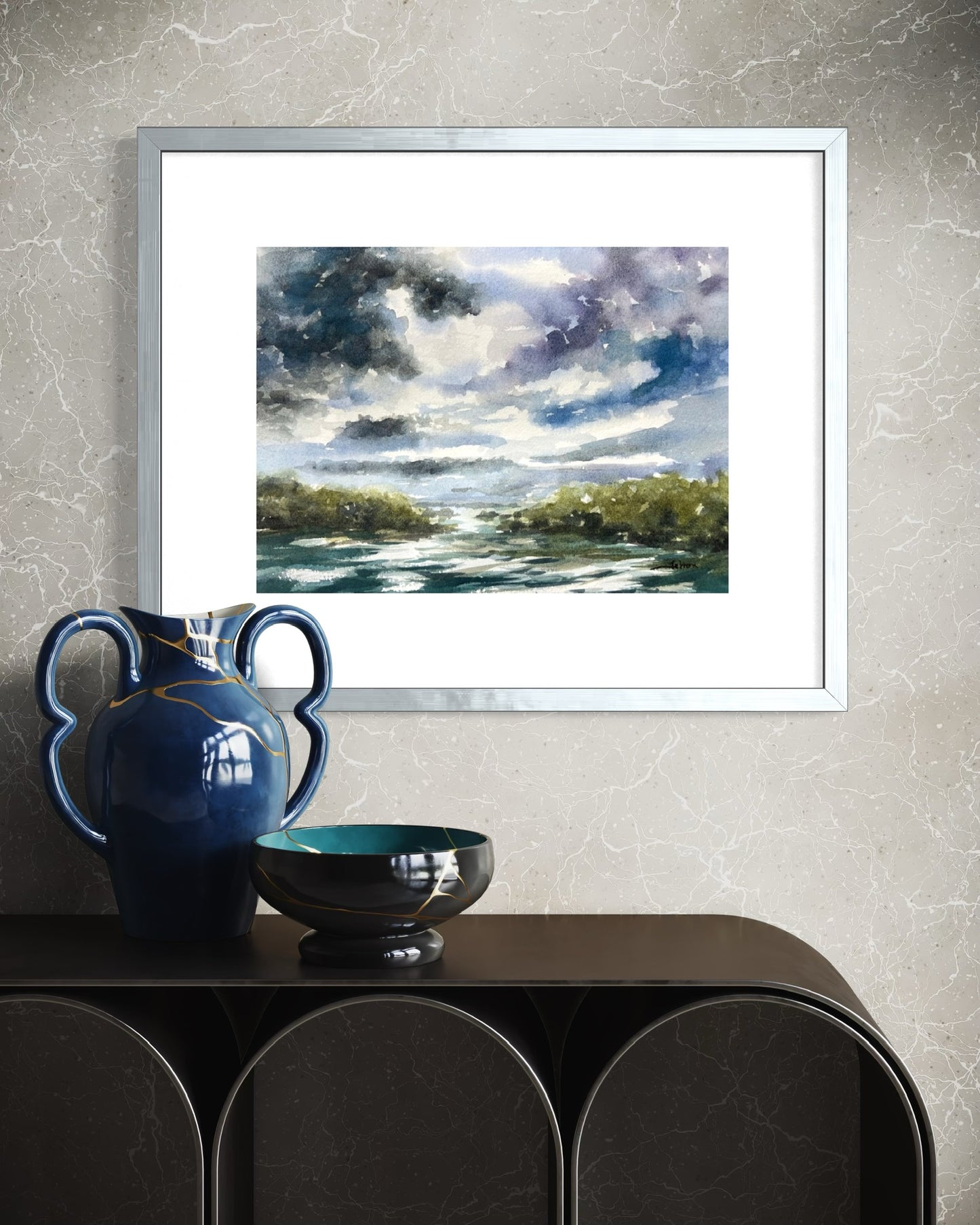 Florida Stormy Sky Watercolor Painting – Original Wetlands River Landscape 11x15