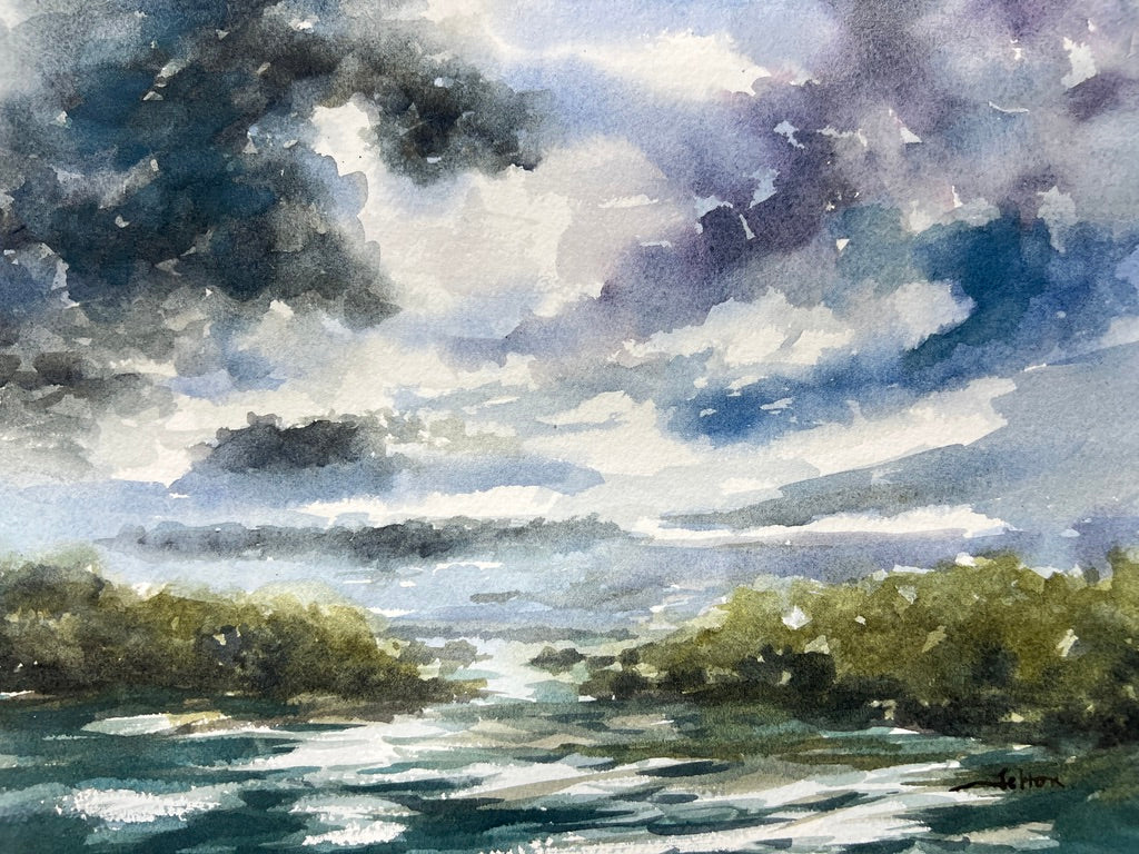 Original watercolor painting depicting a Florida wetlands river landscape with blue sky, turquoise and greenery.