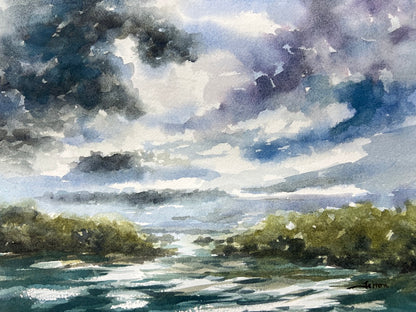 Original watercolor painting depicting a Florida wetlands river landscape with blue sky, turquoise and greenery.