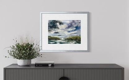 Florida Stormy Sky Watercolor Painting – Original Wetlands River Landscape 11x15