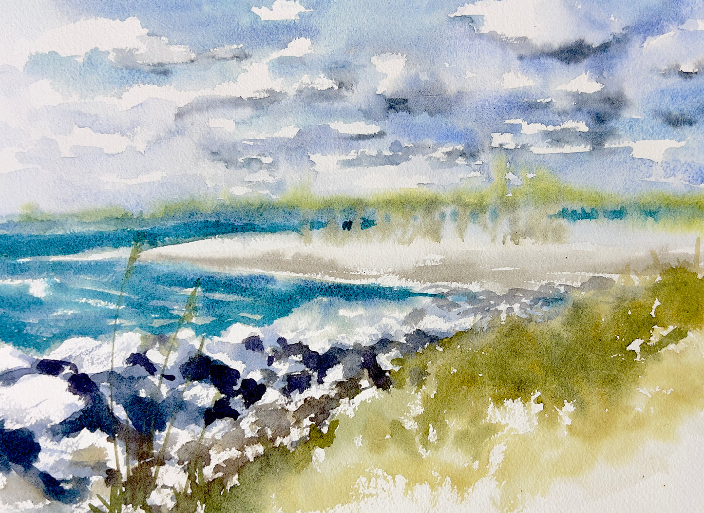 original watercolor painting of the turquoise water at the inlet with rocks, light green plants and clouds in the blue sky.