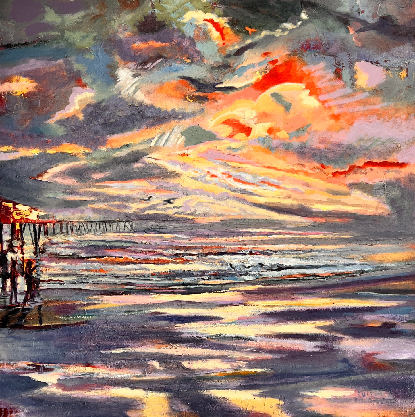 Florida Sunrise Abstract - Large Original Expressionist Oil Painting 36" x 36"