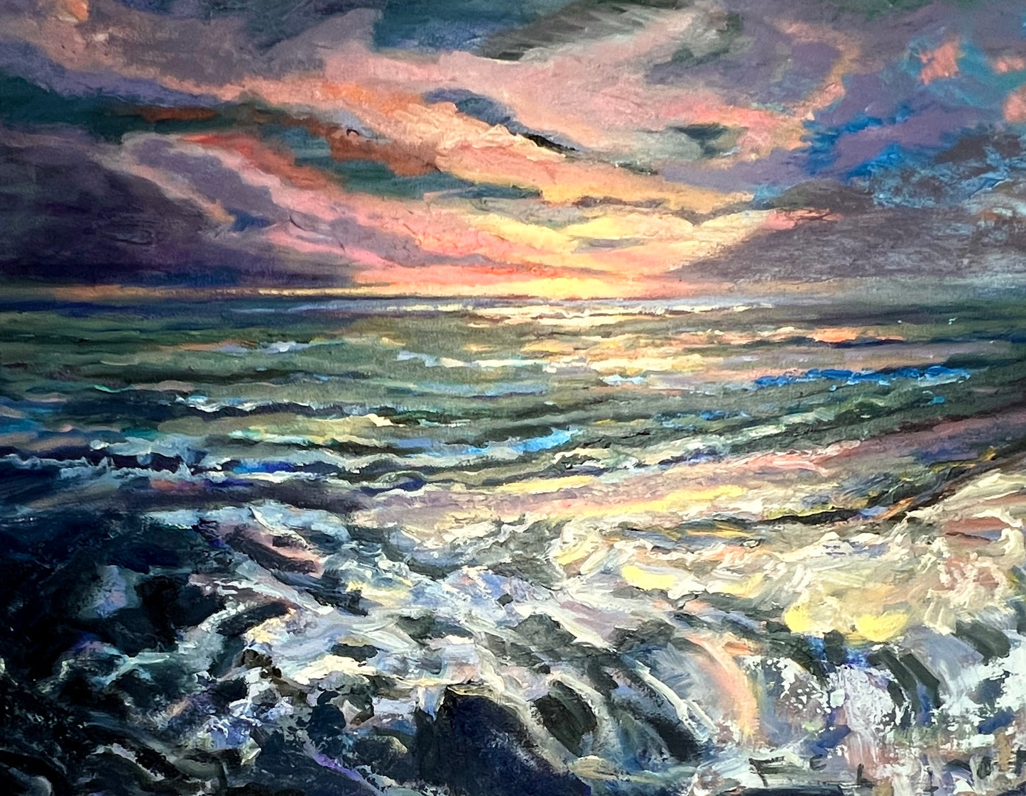 Ocean Waves Over Rocks at Sunrise - Original Impressionist Oil Painting 18" x 24"