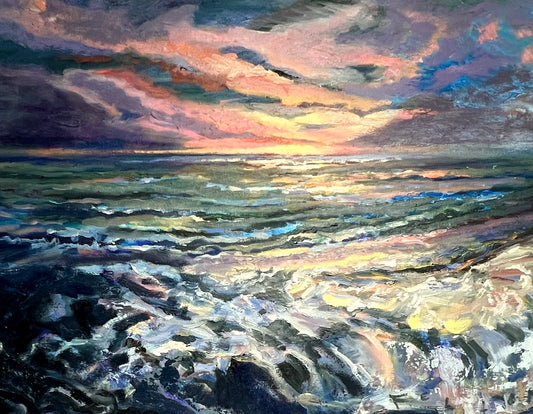 Ocean Waves Over Rocks at Sunrise - Original Impressionist Oil Painting 18" x 24"
