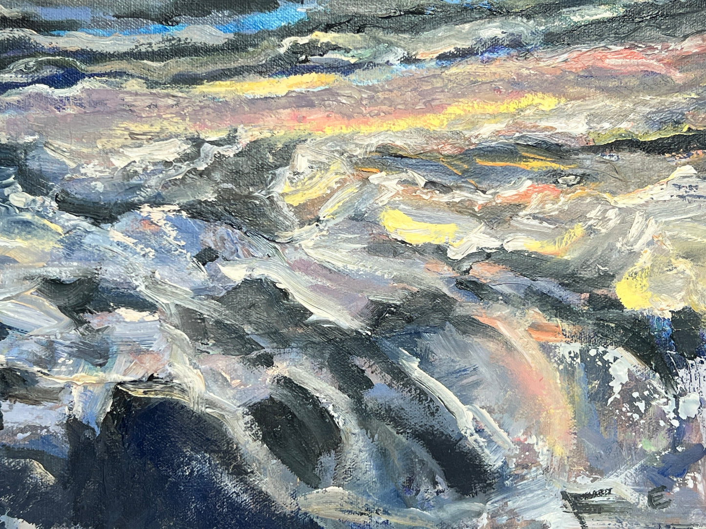 Ocean Waves Over Rocks at Sunrise - Original Impressionist Oil Painting 18" x 24"