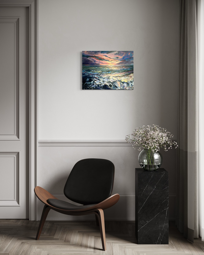 Ocean Waves Over Rocks at Sunrise - Original Impressionist Oil Painting 18" x 24"