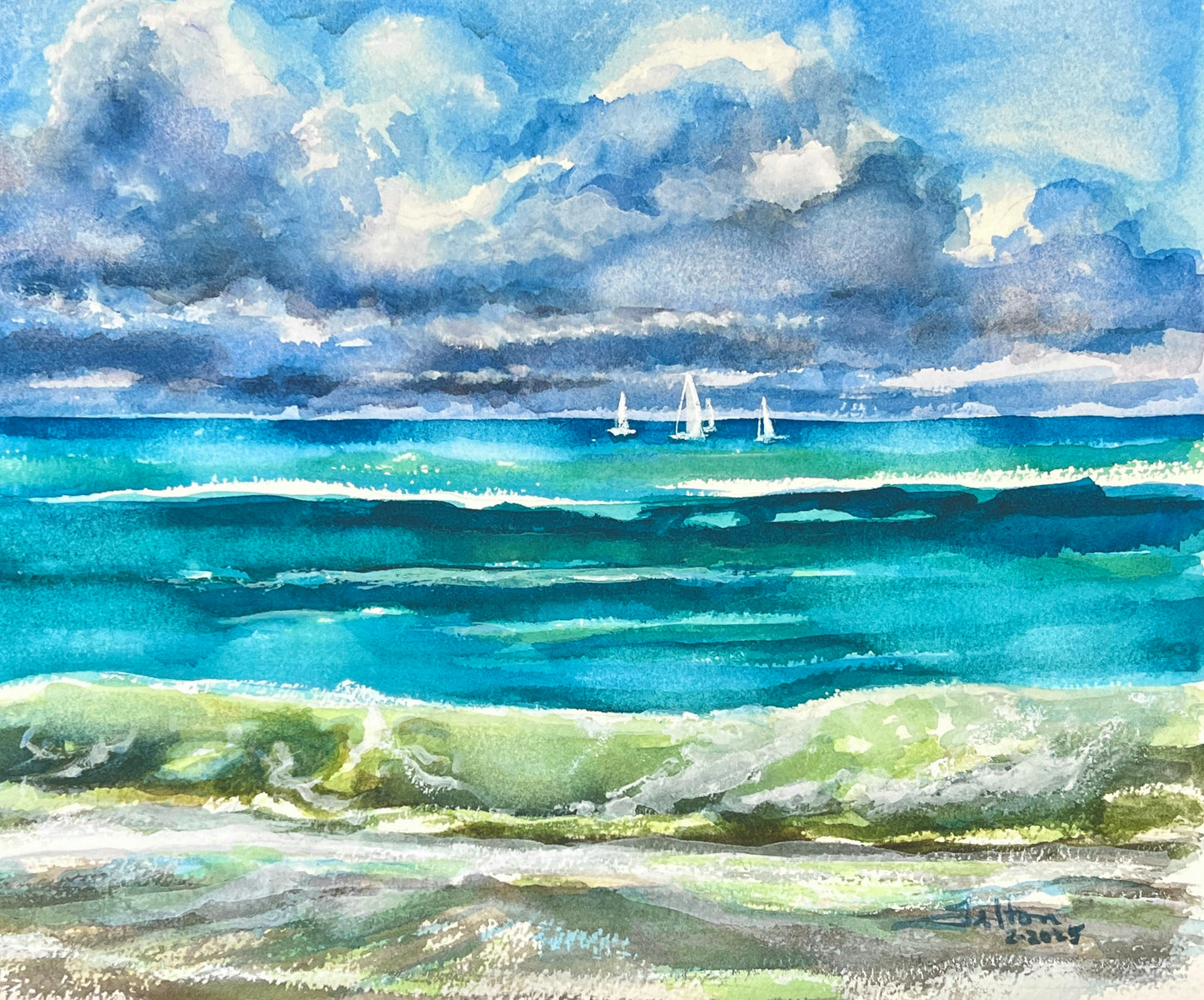 Florida Atlantic Ocean Watercolor Painting – Original Coastal Seascape with Sailboats 11x1
