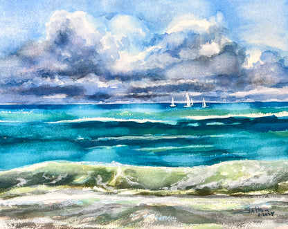 Florida Atlantic Ocean Watercolor Painting – Original Coastal Seascape with Sailboats 11x1