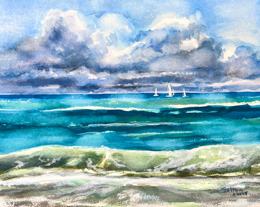 Florida Atlantic Ocean Watercolor Painting – Original Coastal Seascape with Sailboats 11x1