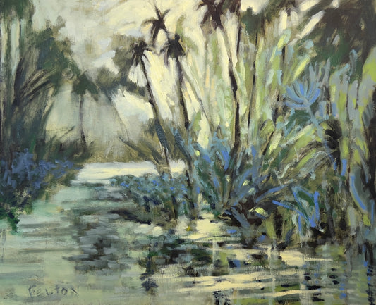 An original oil painting on gallery wrapped canvas depicting a Florida landscape with sunlight streaming through trees and foliage on a river.