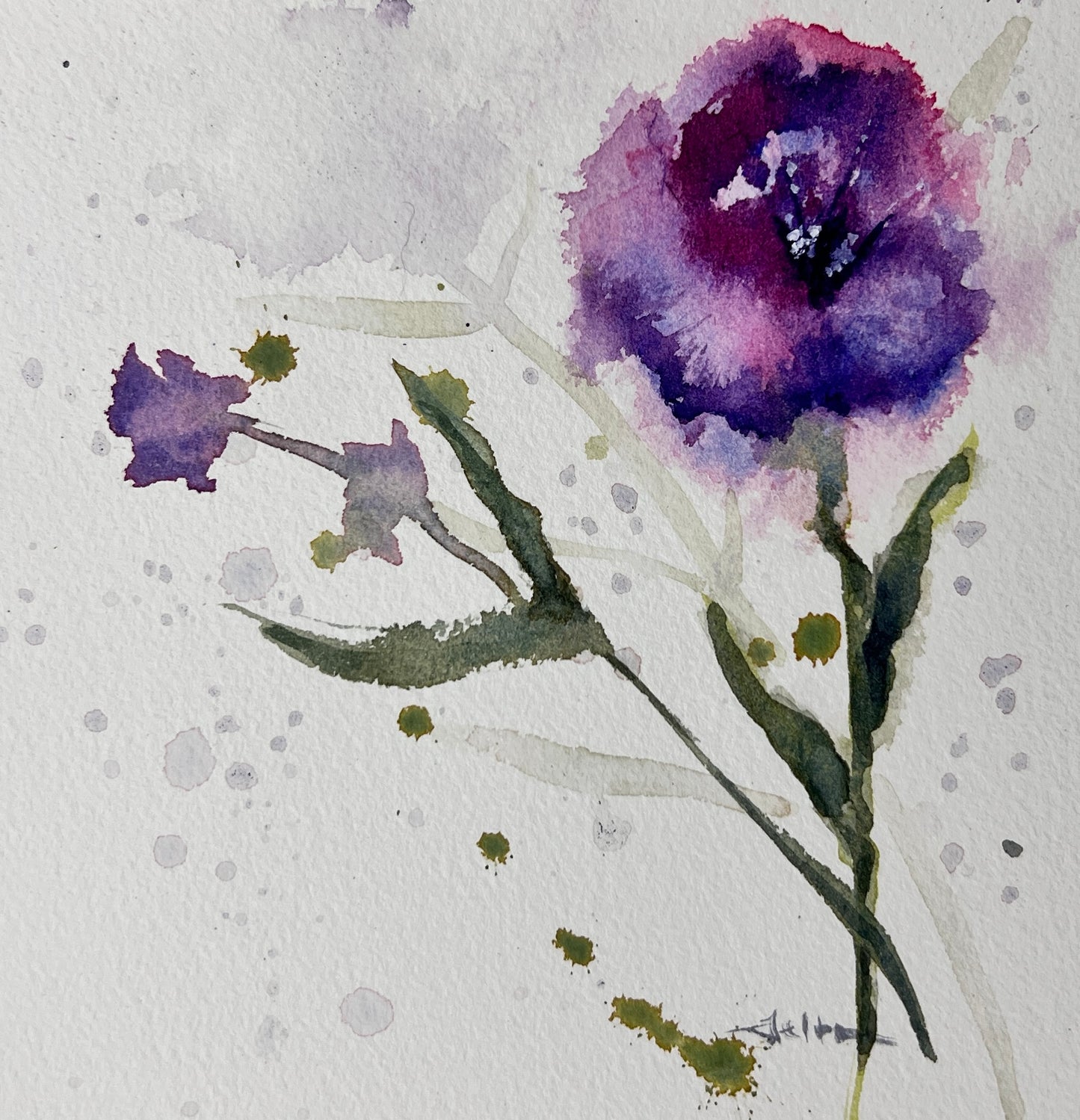 A original watercolor painting of a purple flower with green leaves on a white background.