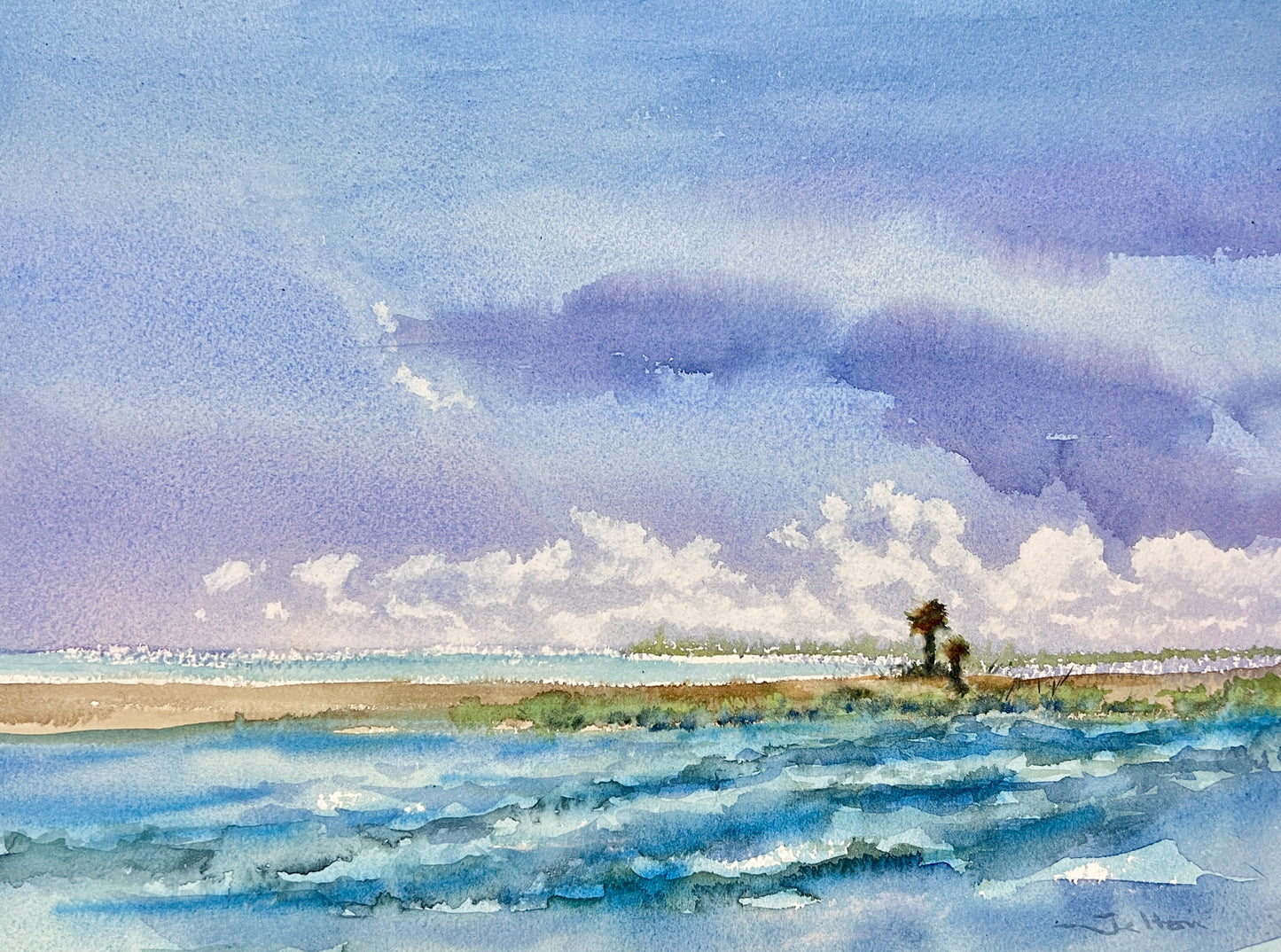 A watercolor painting depicting a beach scene with a figure standing on the shore, looking out at the ocean. The sky is filled with clouds, and the overall color palette is predominantly blue and white.