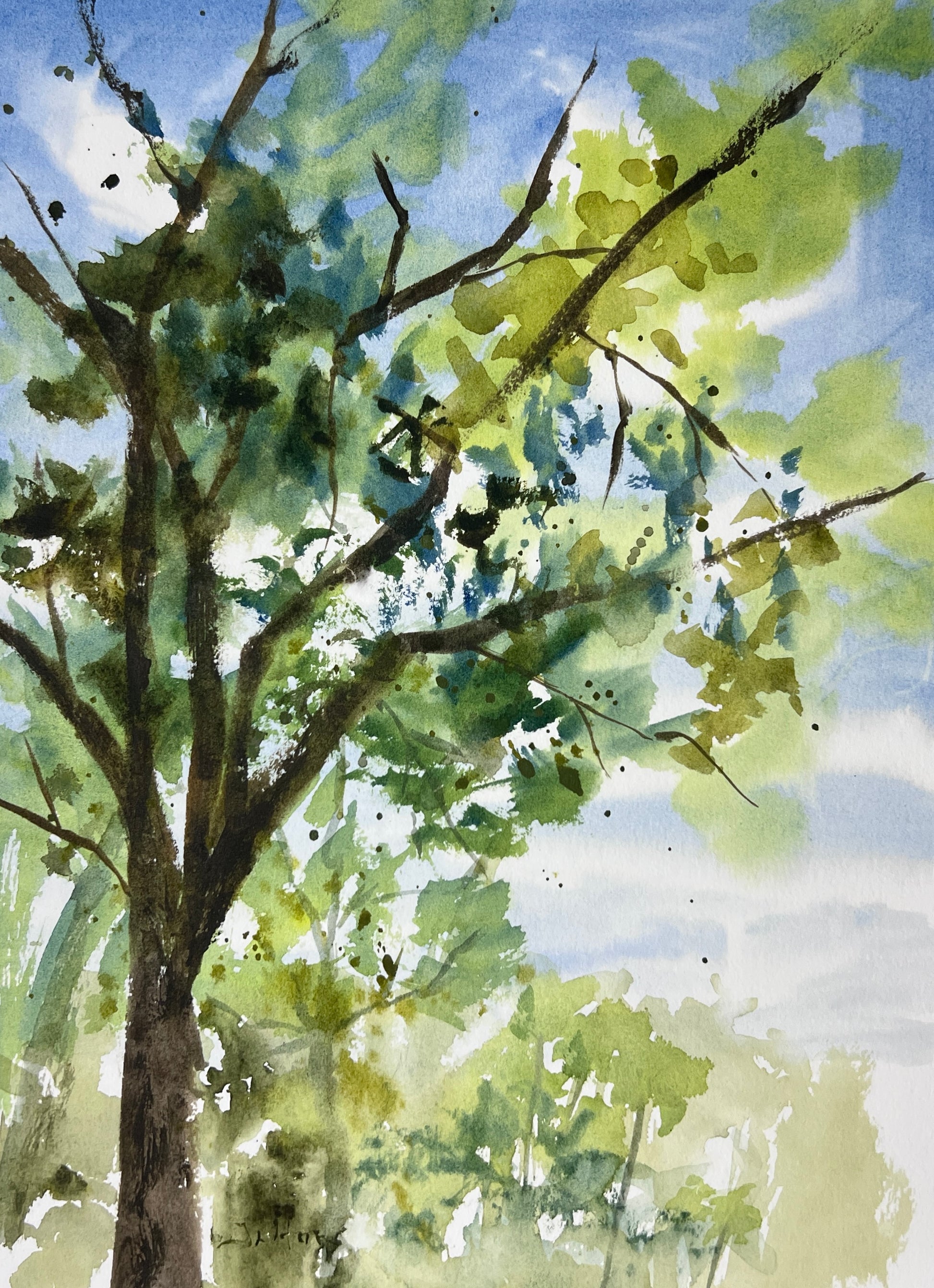 A watercolor painting of a tree with green leaves against a blue sky.
