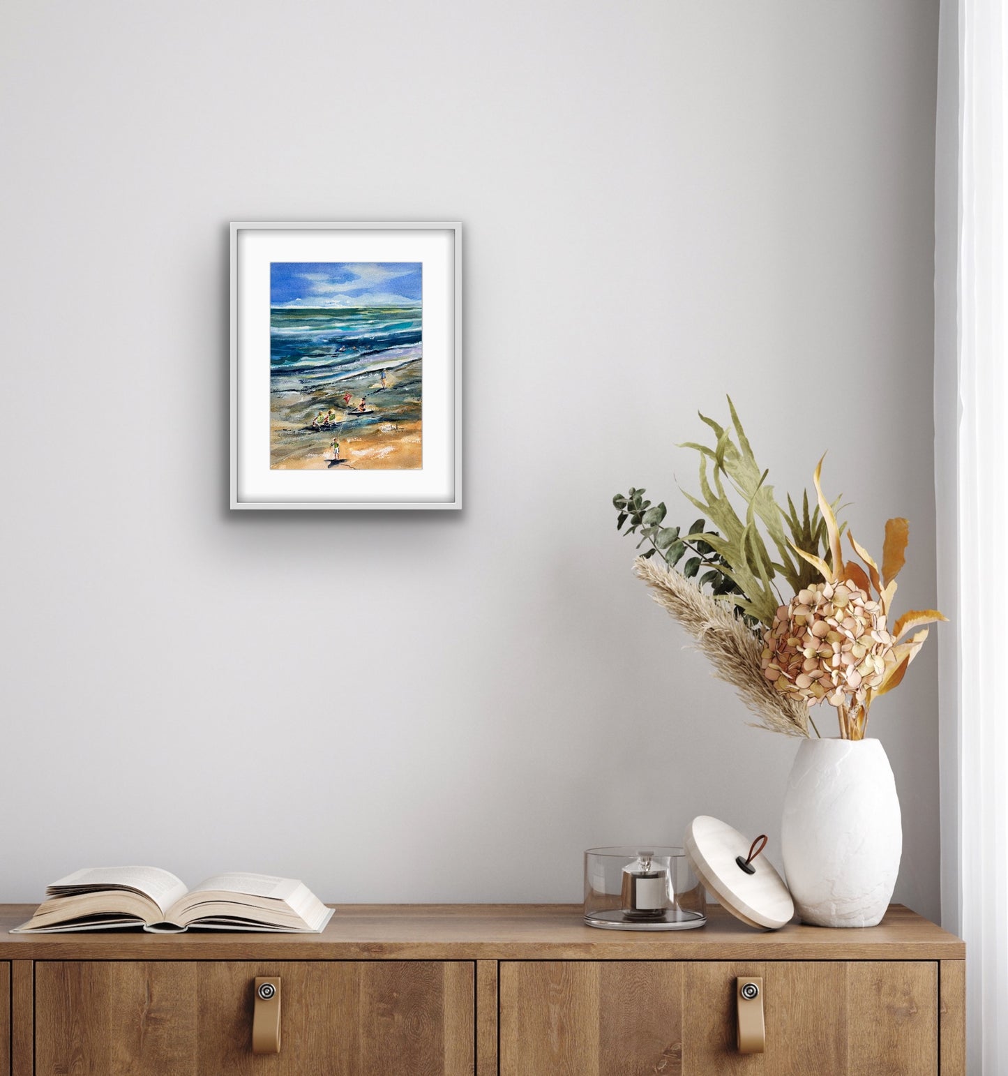 Florida Beach Scene with Kite – Original Watercolor Painting from the Pier 9x12