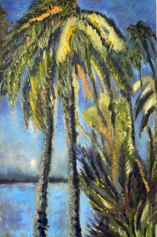 Painting of palm trees with a sunset or sunrise sky.