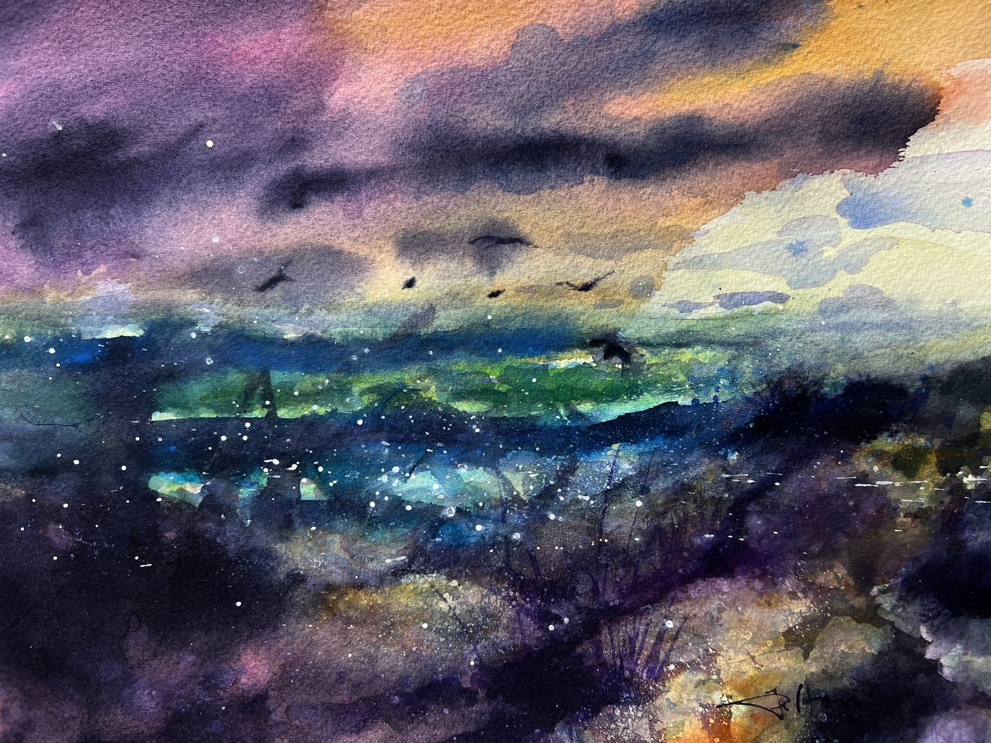 An original watercolor painting depicting a stormy Florida landscape with deep purples and blues, featuring abstract elements and unframed.