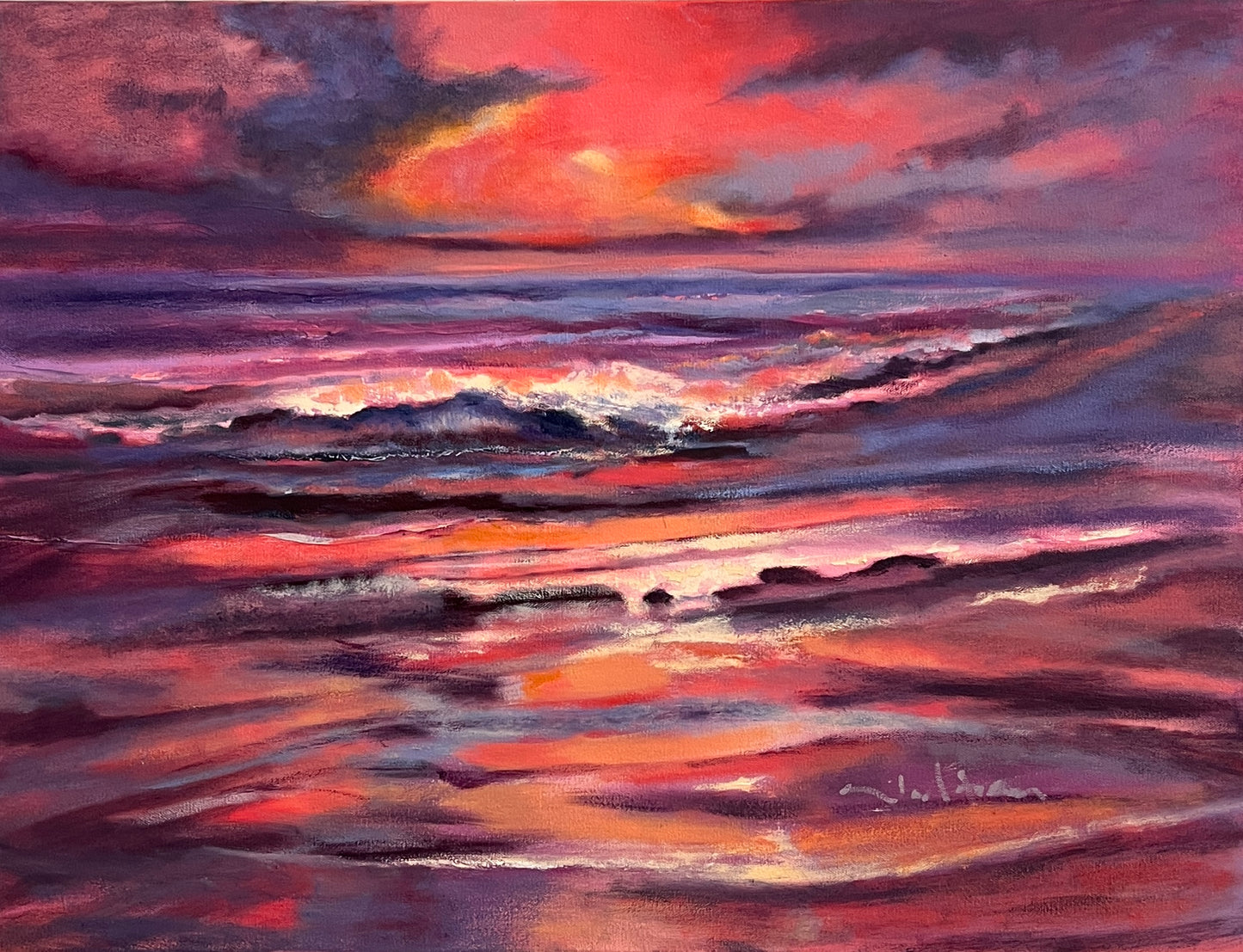 Florida Beach Sunrise - Original Oil Painting in Pink, Red & Orange 18" x 24"