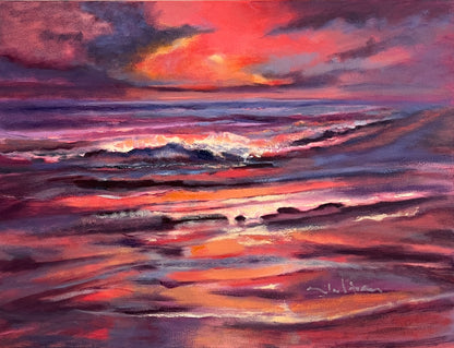 Florida Beach Sunrise - Original Oil Painting in Pink, Red & Orange 18" x 24"