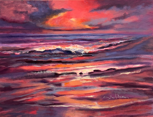 Florida Beach Sunrise - Original Oil Painting in Pink, Red & Orange 18" x 24"