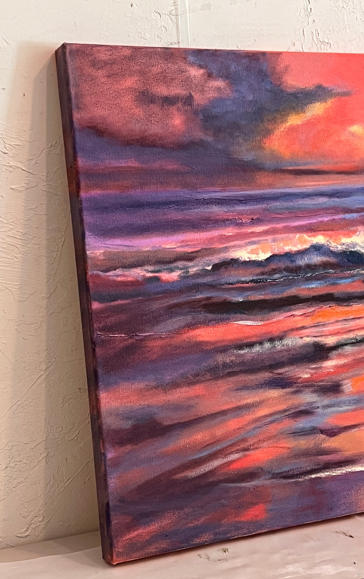 Florida Beach Sunrise - Original Oil Painting in Pink, Red & Orange 18" x 24"