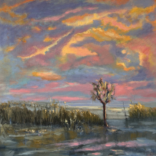 Florida Cypress Tree at Sunset - Original Wetlands oil painting 18" x 18"