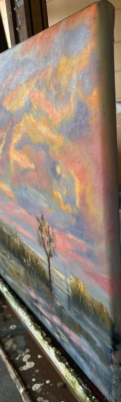 Florida Cypress Tree at Sunset - Original Wetlands oil painting 18" x 18"