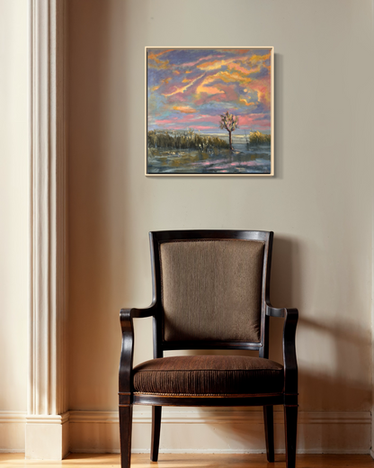 Florida Cypress Tree at Sunset - Original Wetlands oil painting 18" x 18"