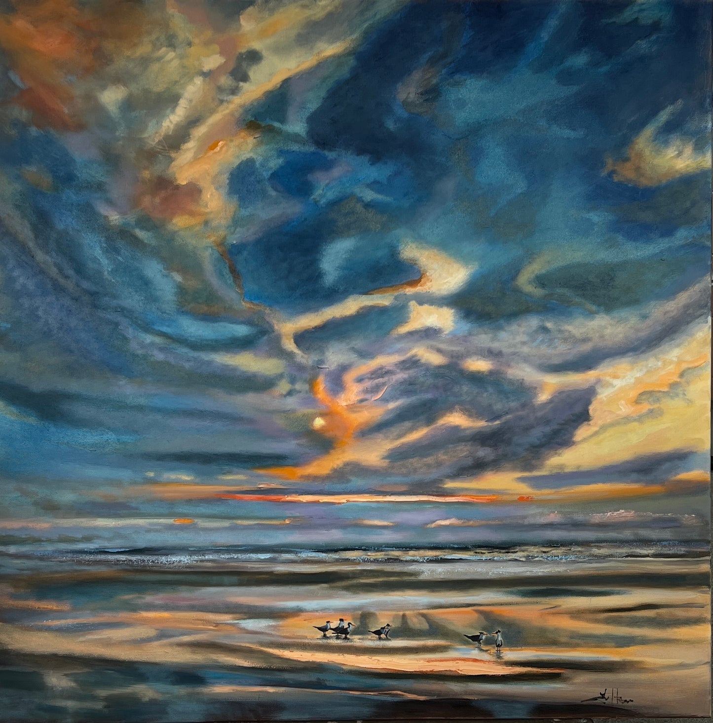 Florida Beach with Terns - Large Original Expressionist Oil Painting 36" x 36"