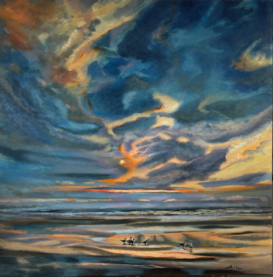 Florida Beach with Terns - Large Original Expressionist Oil Painting 36" x 36"