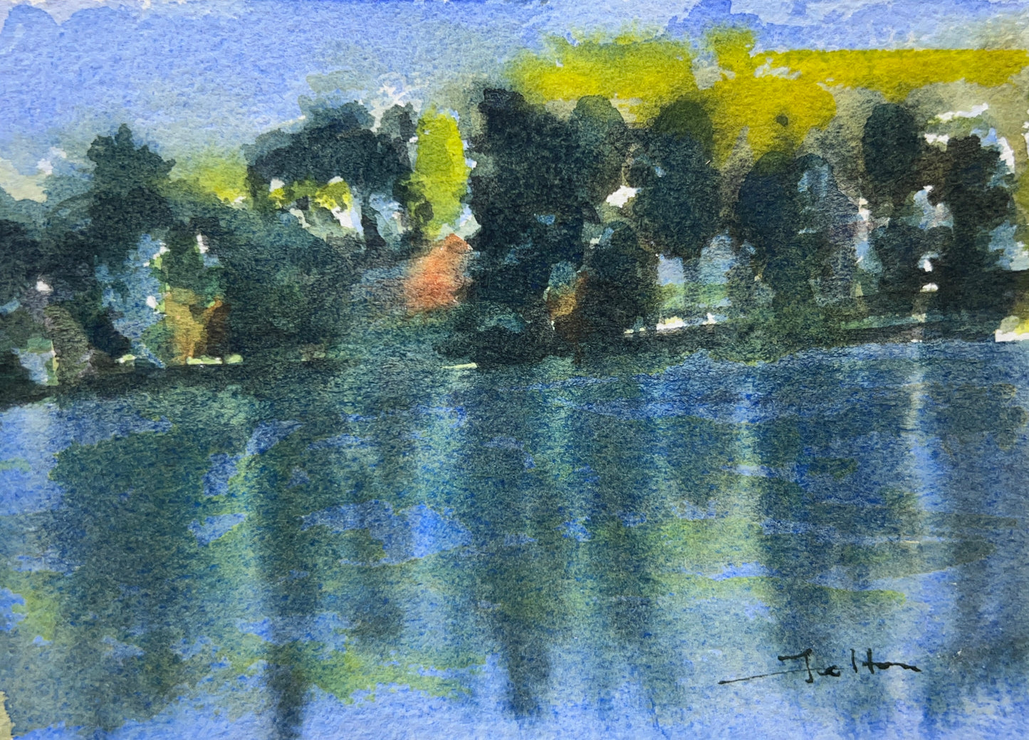 Original watercolor painting featuring trees and water, titled 'Evening Lake reflection' signed by the artist.