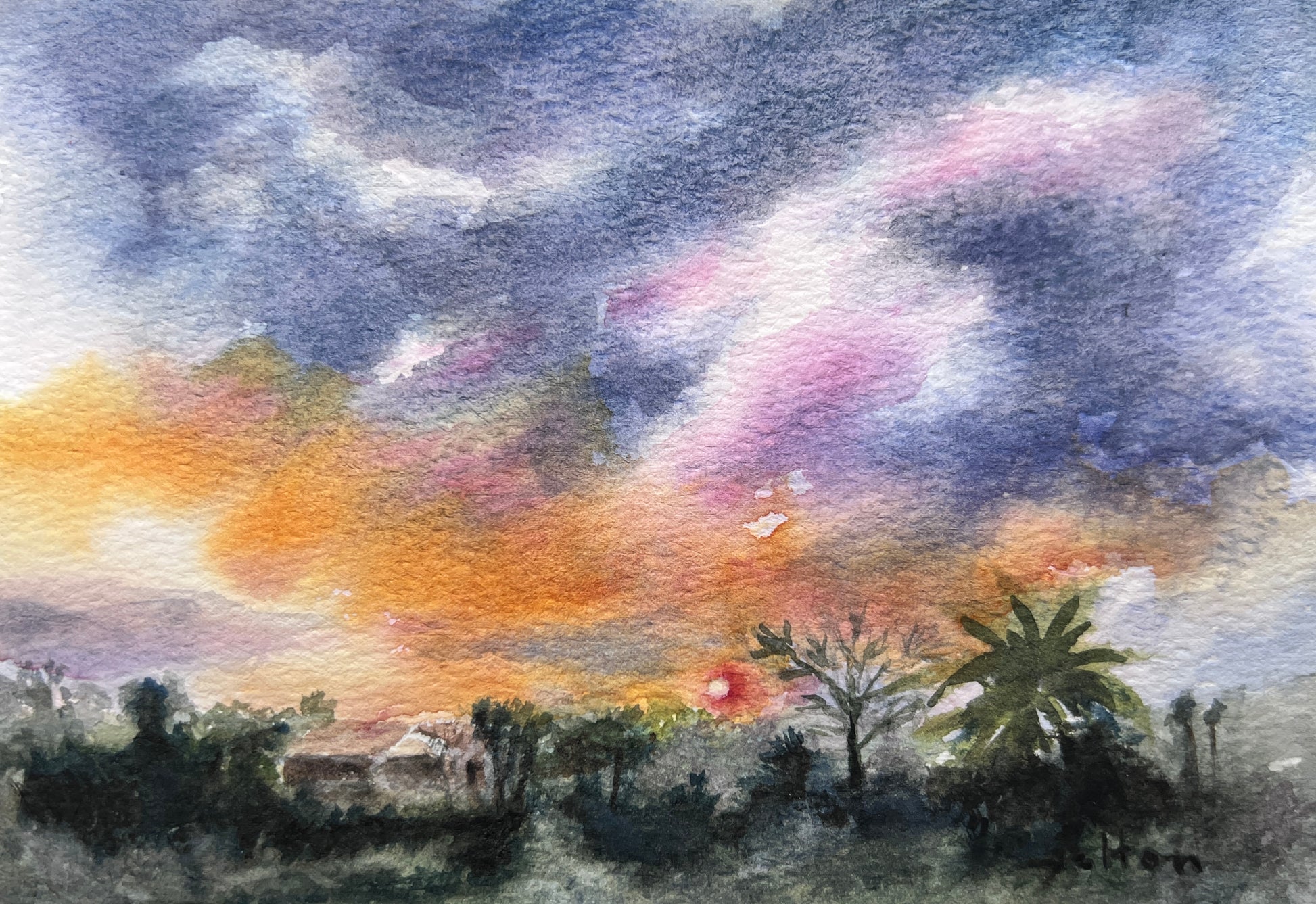 An original watercolor painting featuring a Florida landscape with a vibrant sky and palm trees and house.