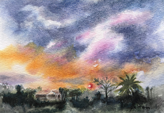An original watercolor painting featuring a Florida landscape with a vibrant sky and palm trees and house.