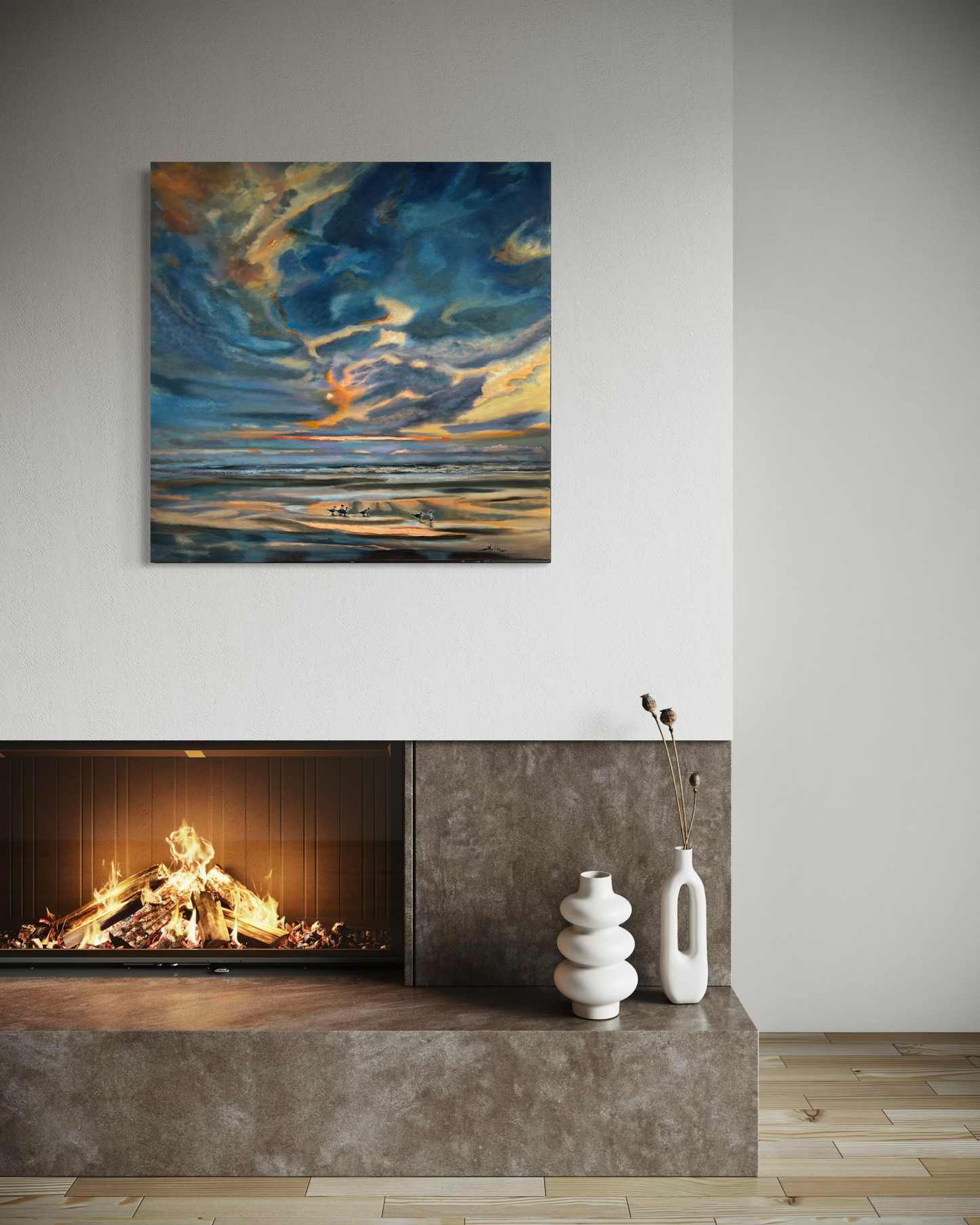 Florida Beach with Terns - Large Original Expressionist Oil Painting 36" x 36"