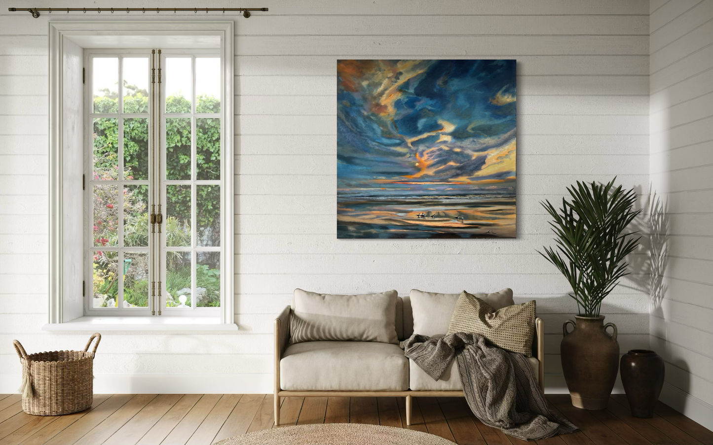 Florida Beach with Terns - Large Original Expressionist Oil Painting 36" x 36"