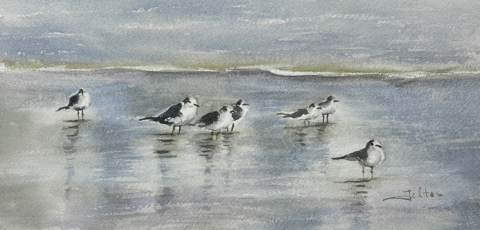 A watercolor painting depicting a group of sea gulls standing on a shimmering shoreline with gentle waves and a soft blue sky in the background.