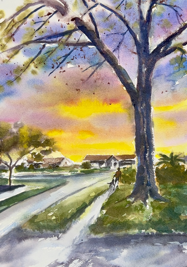 A watercolor painting depicting a scene with a tree and a man walking a dog on a road during a vibrant sunset.