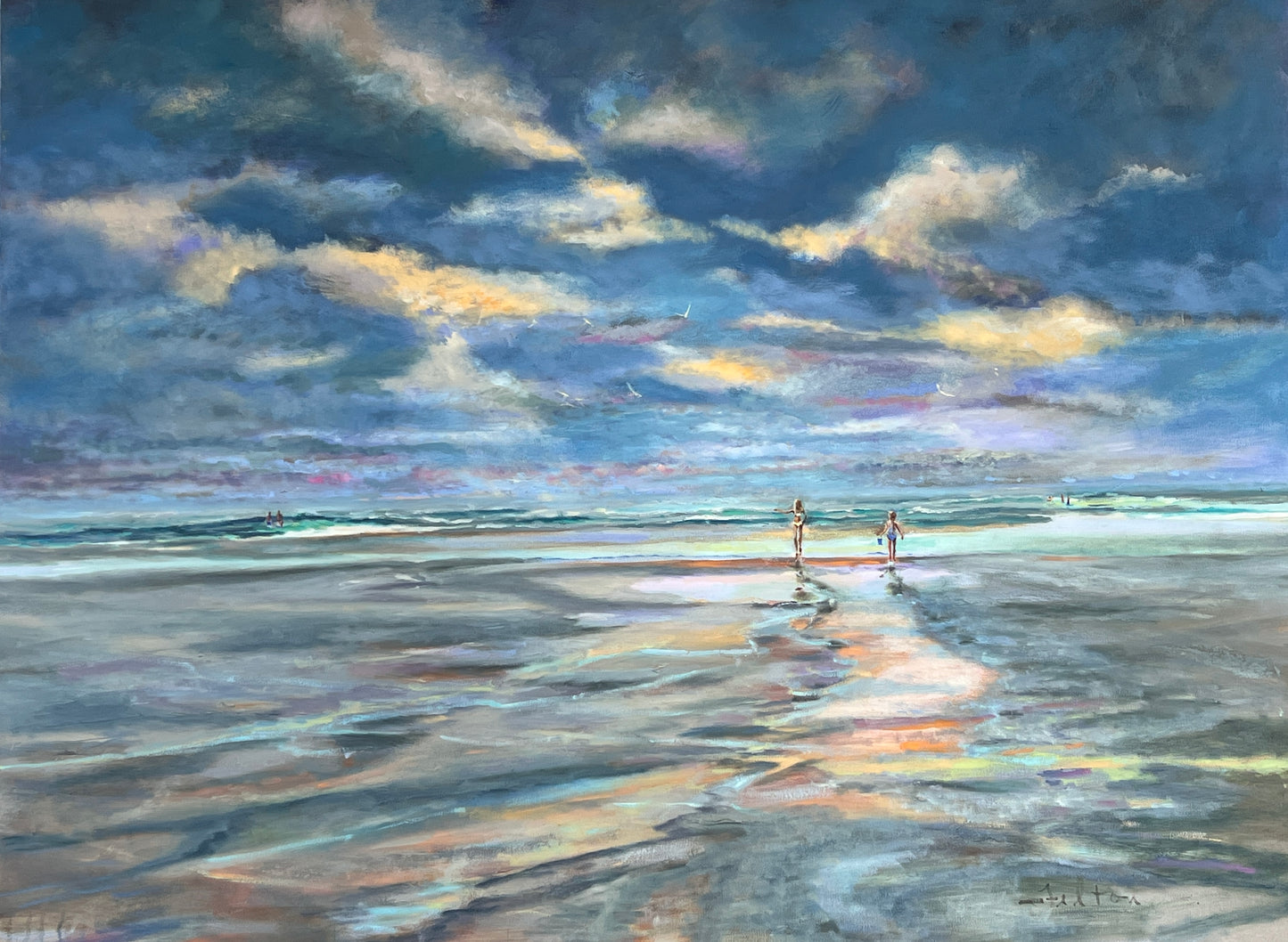 Beach landscape painting with shoreline reflections and small figures