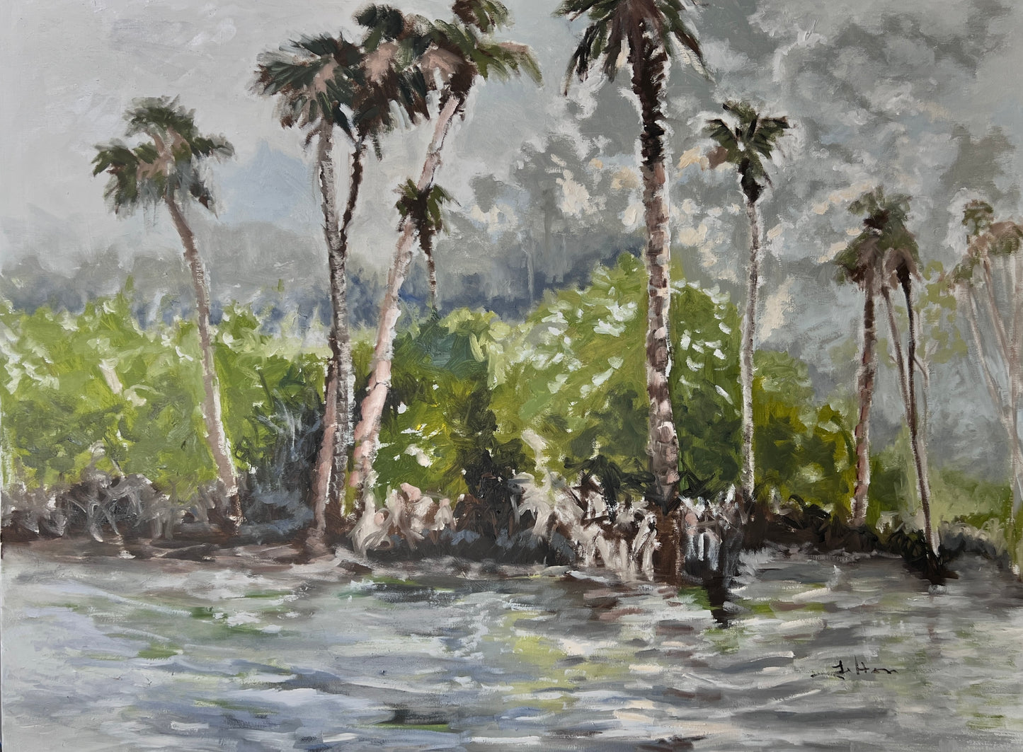 Original oil painting on canvas depicting a Florida landscape with palm trees and a body of water.