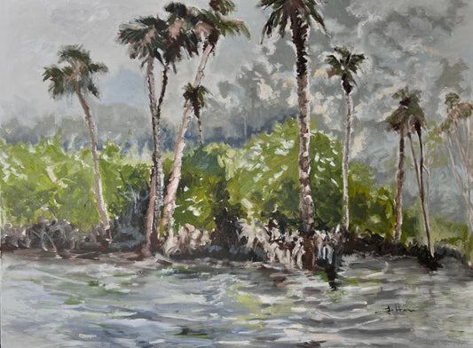 Original oil painting on canvas depicting a Florida landscape with palm trees and a body of water.