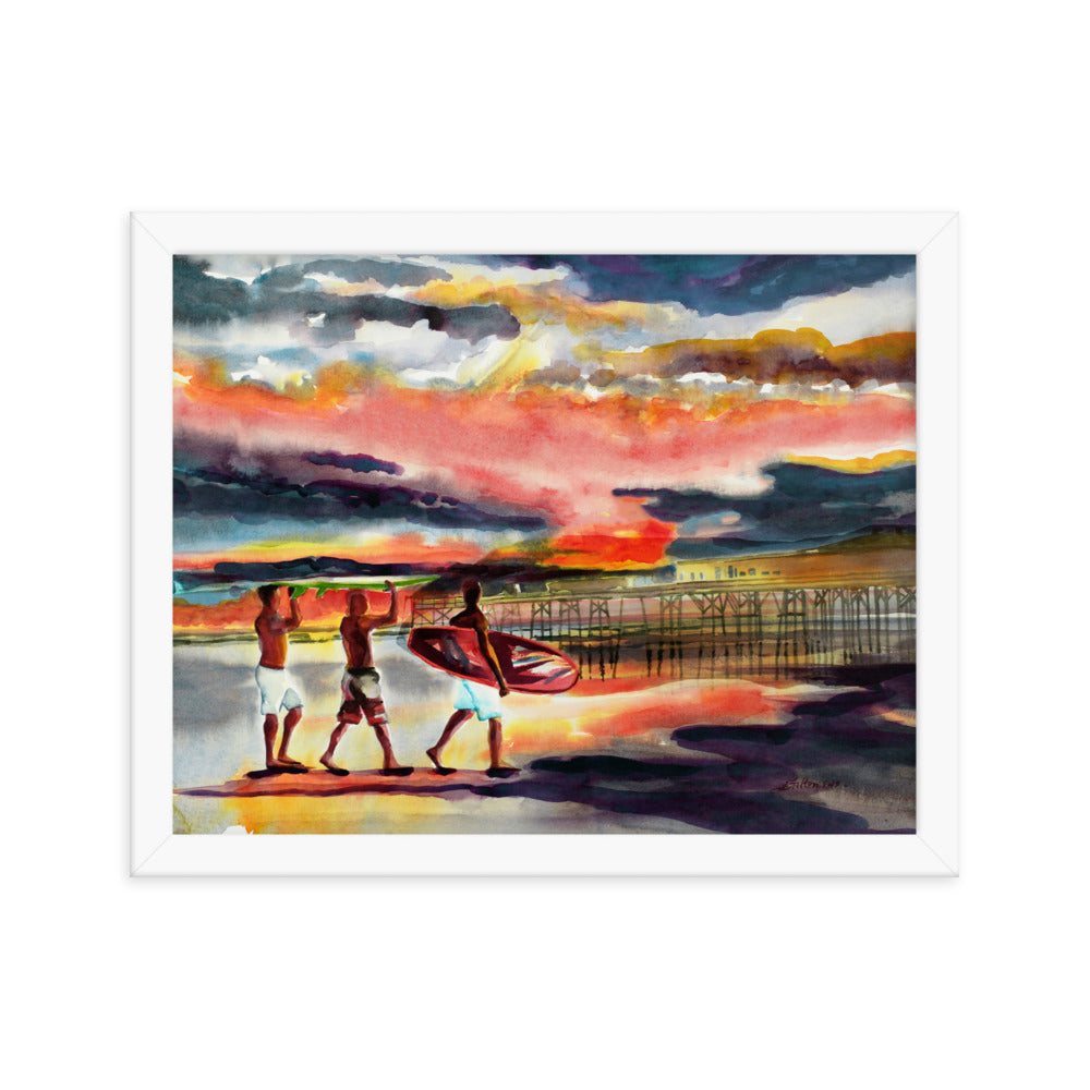Sunrise surfers at the pier print