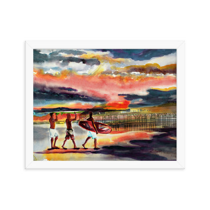 Sunrise surfers at the pier print