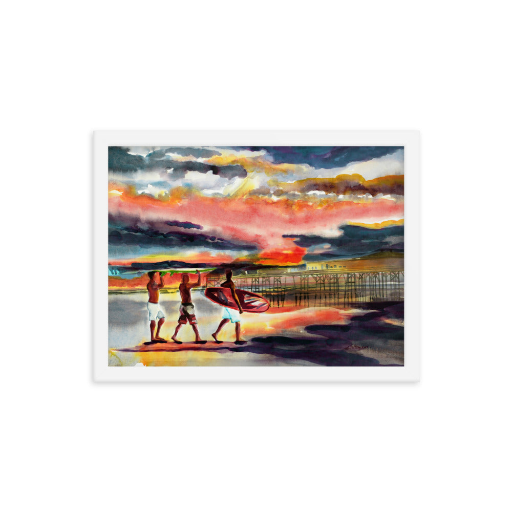 Sunrise surfers at the pier print