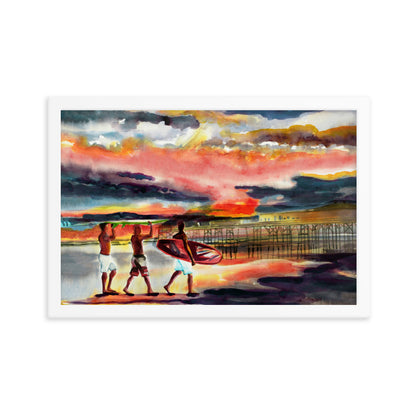 Sunrise surfers at the pier print