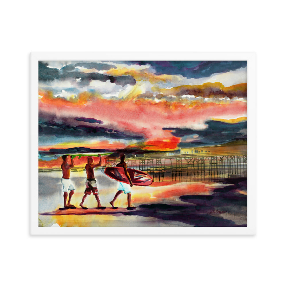 Sunrise surfers at the pier print