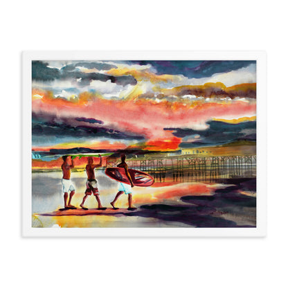 Sunrise surfers at the pier print